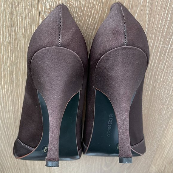 BCBG Womens 7 Heels Brown Satin Peep Toe Formal Dressy Crystal Amber Gold - Picture 6 of 14